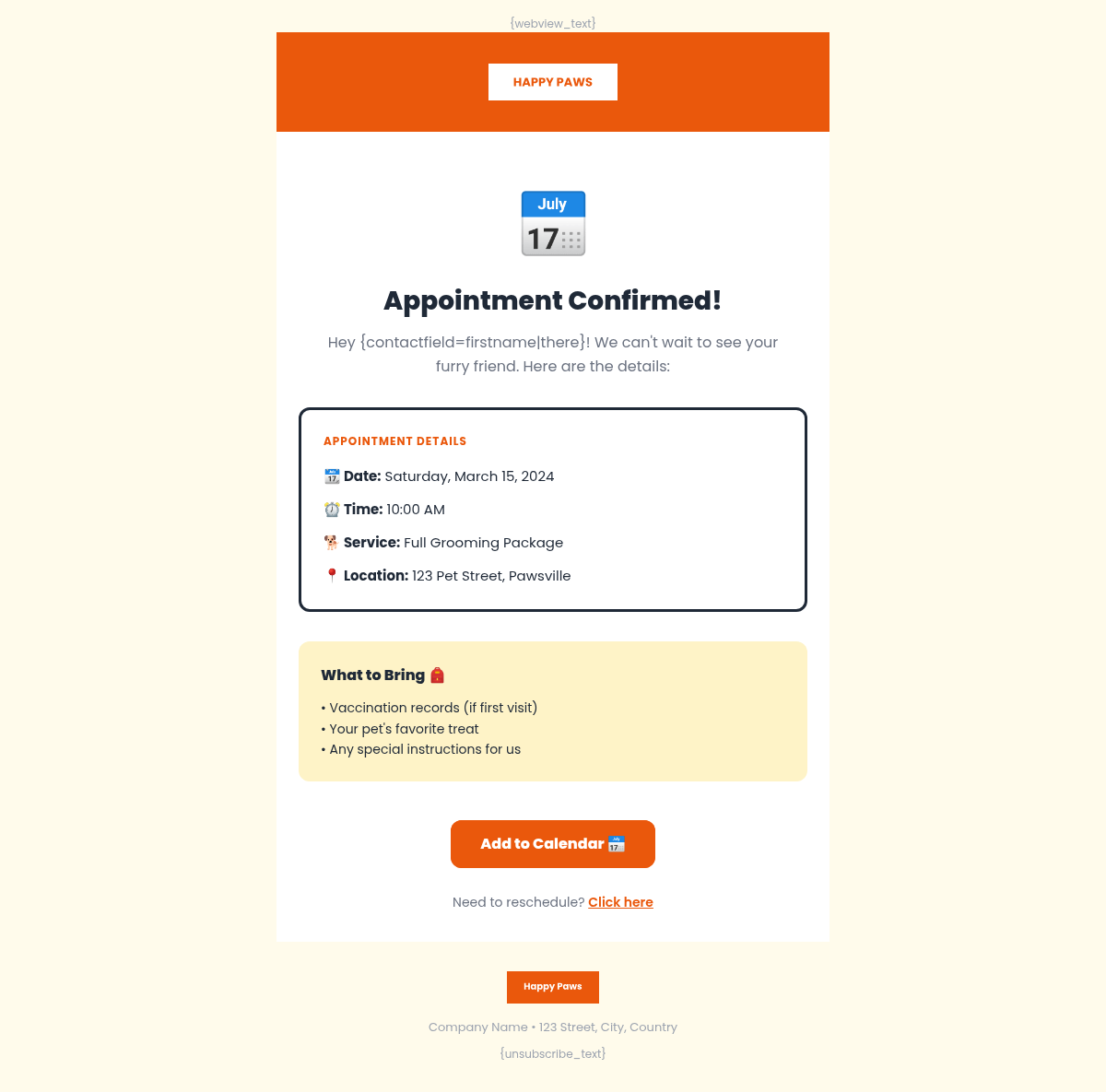 Happy Paws Appointment - Email Template