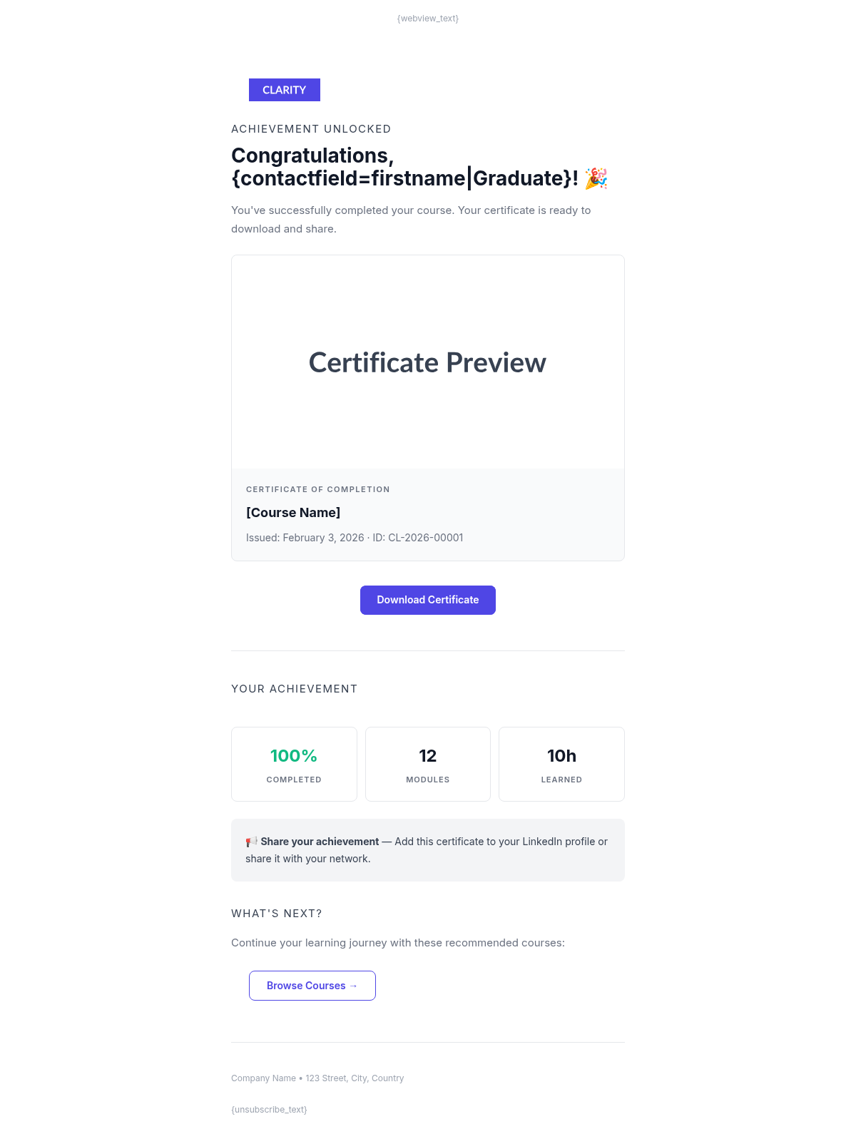 Clarity Labs Certificate - Email Template