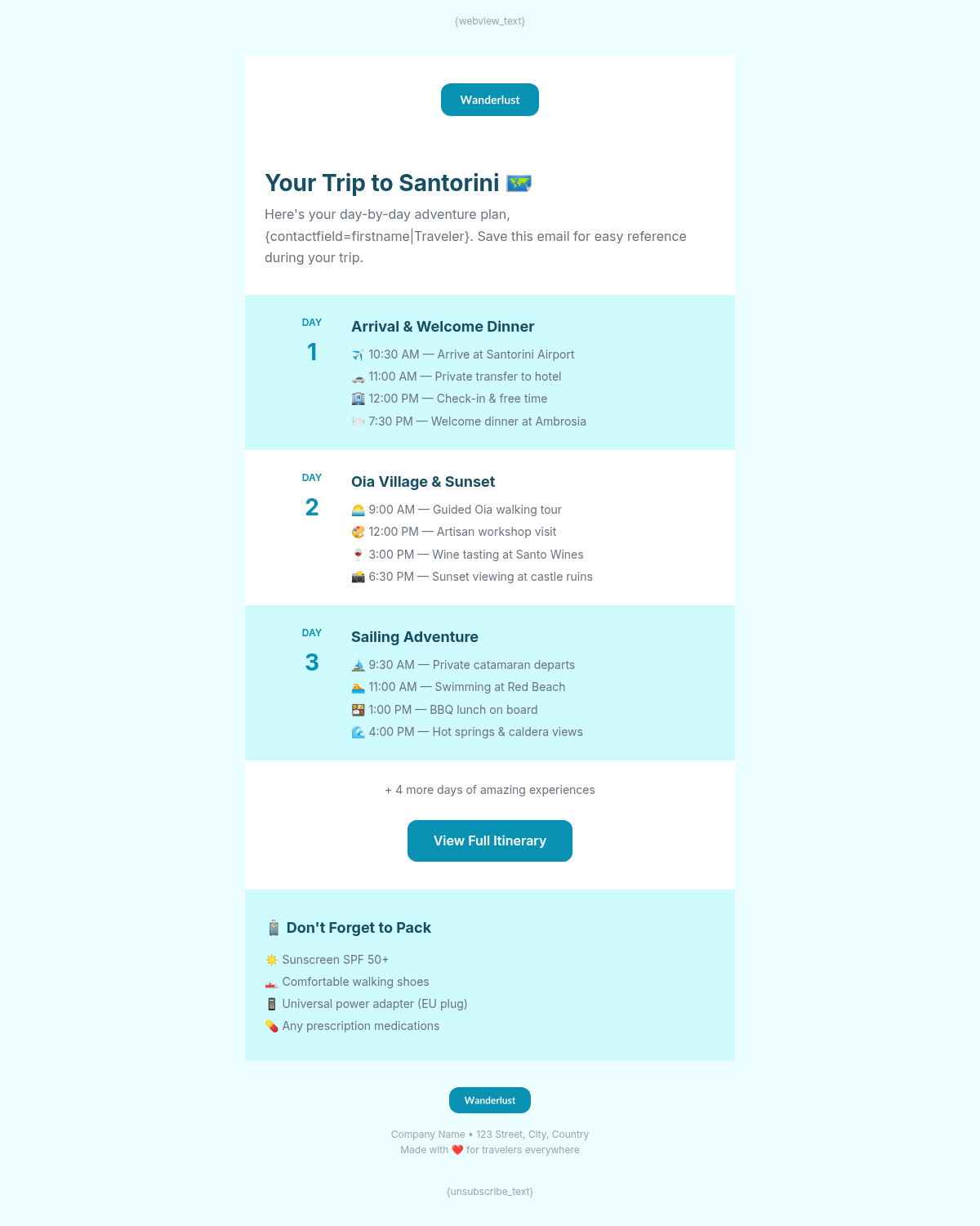 Wanderlust Voyages Itinerary - Email Template Preview