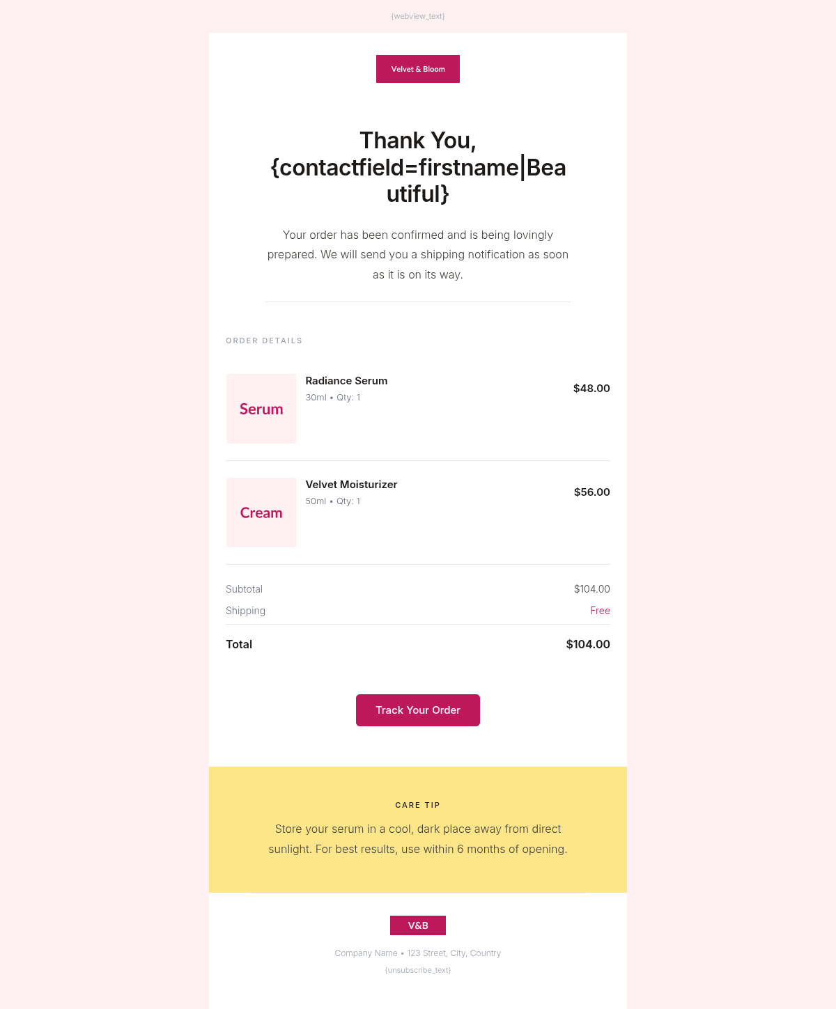 Velvet Bloom Order Confirmation - Email Template