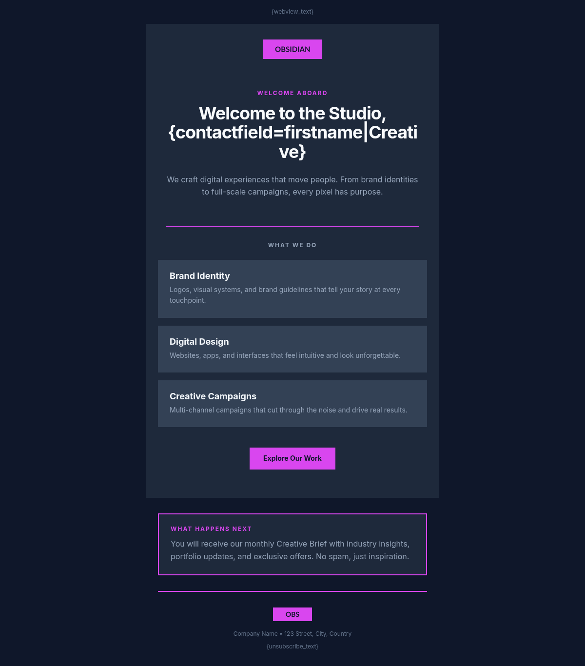 Obsidian Studio Welcome - Email Template