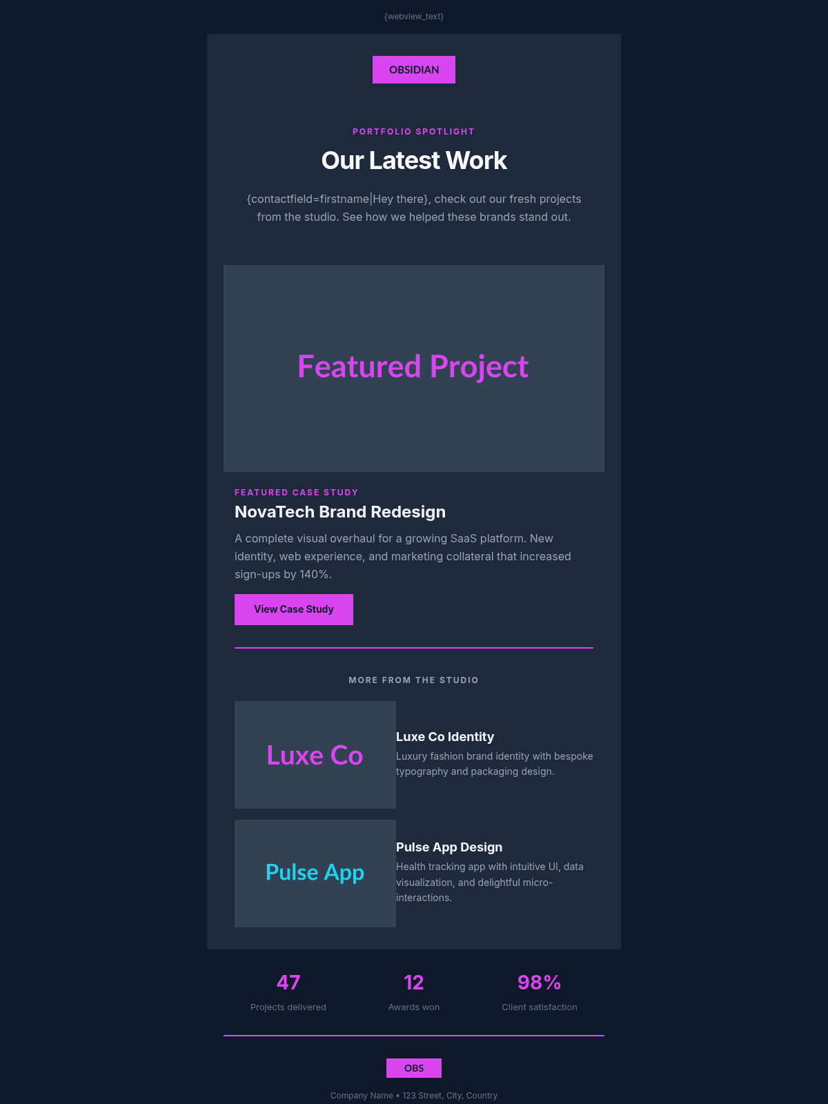 Obsidian Studio Portfolio - Email Template