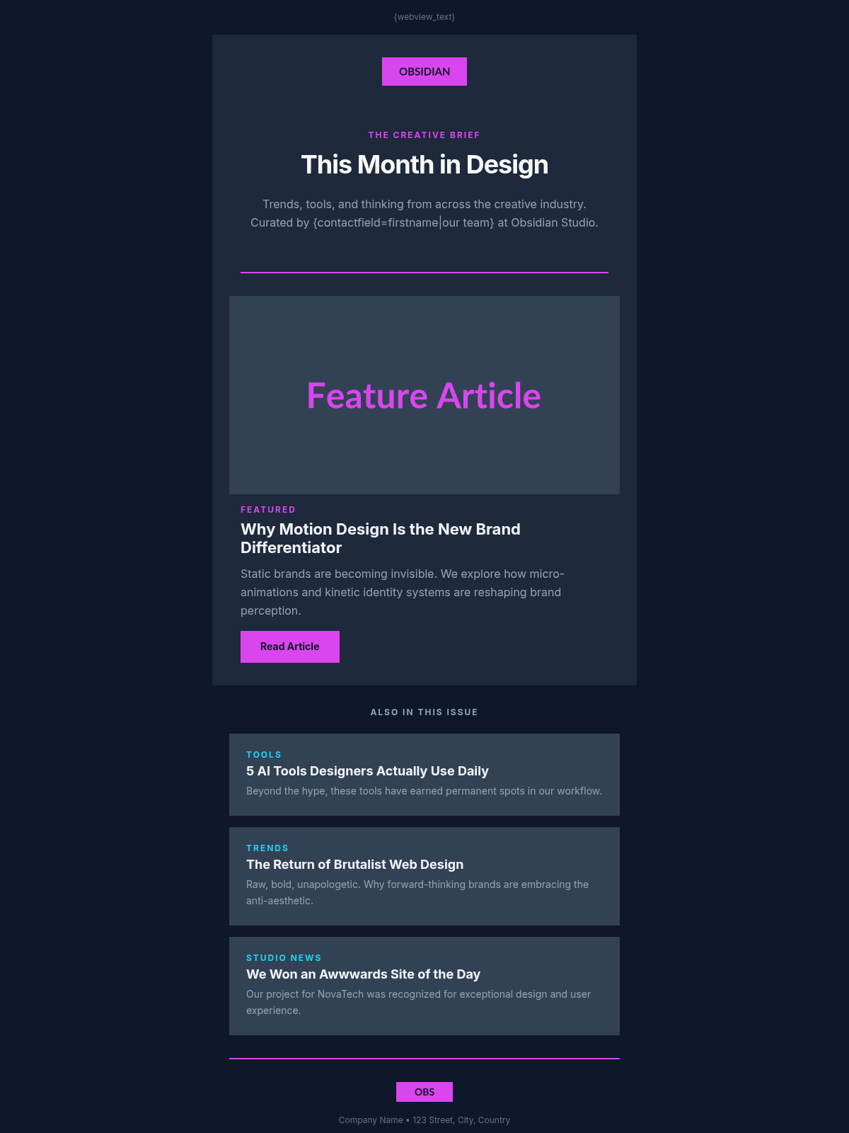 Obsidian Studio Newsletter - Email Template