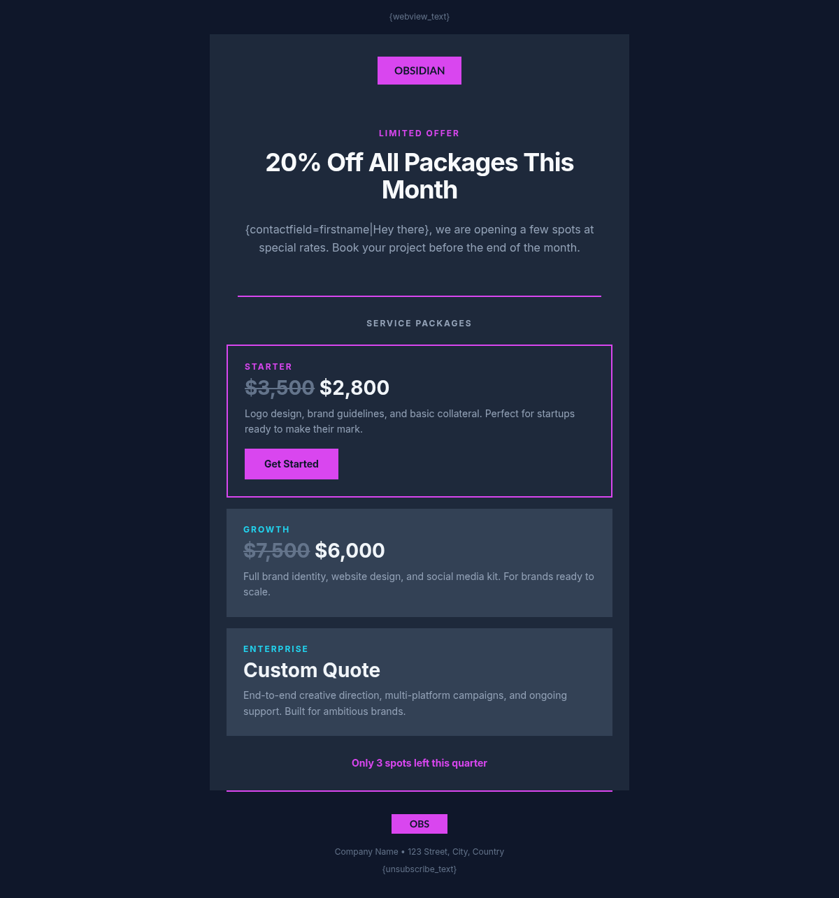Obsidian Studio Promotional - Email Template