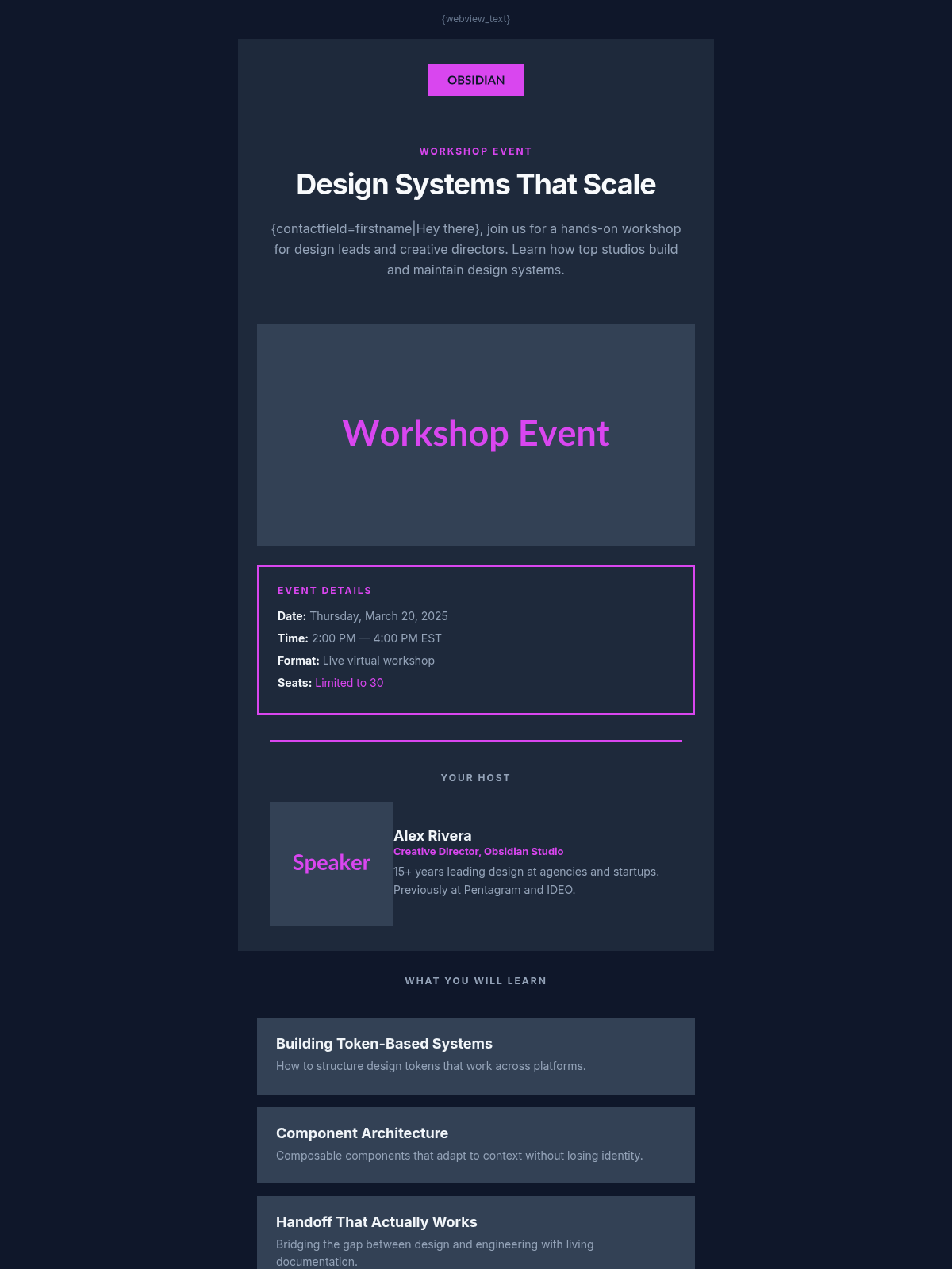Obsidian Studio Event - Email Template