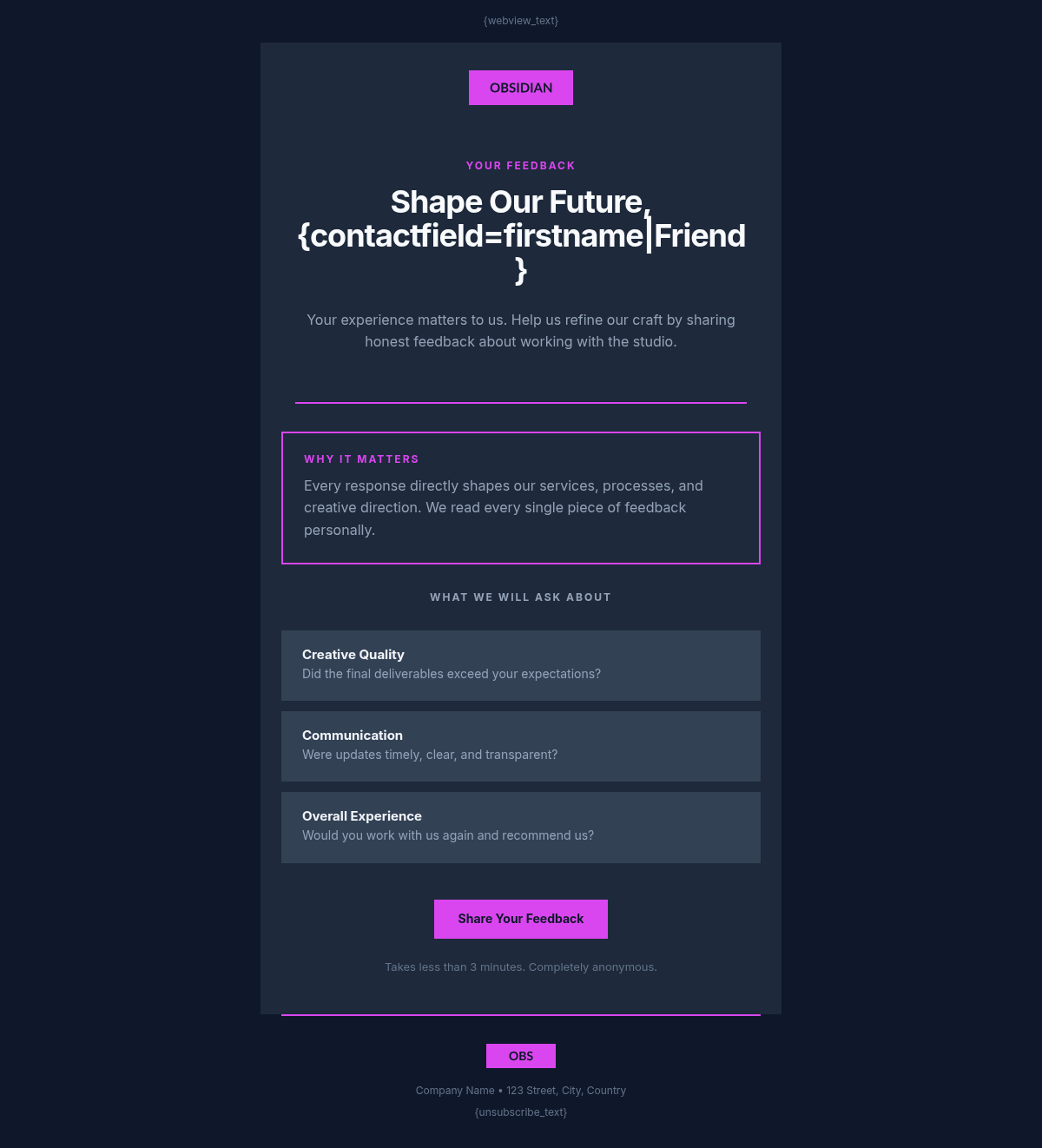 Obsidian Studio Survey - Email Template