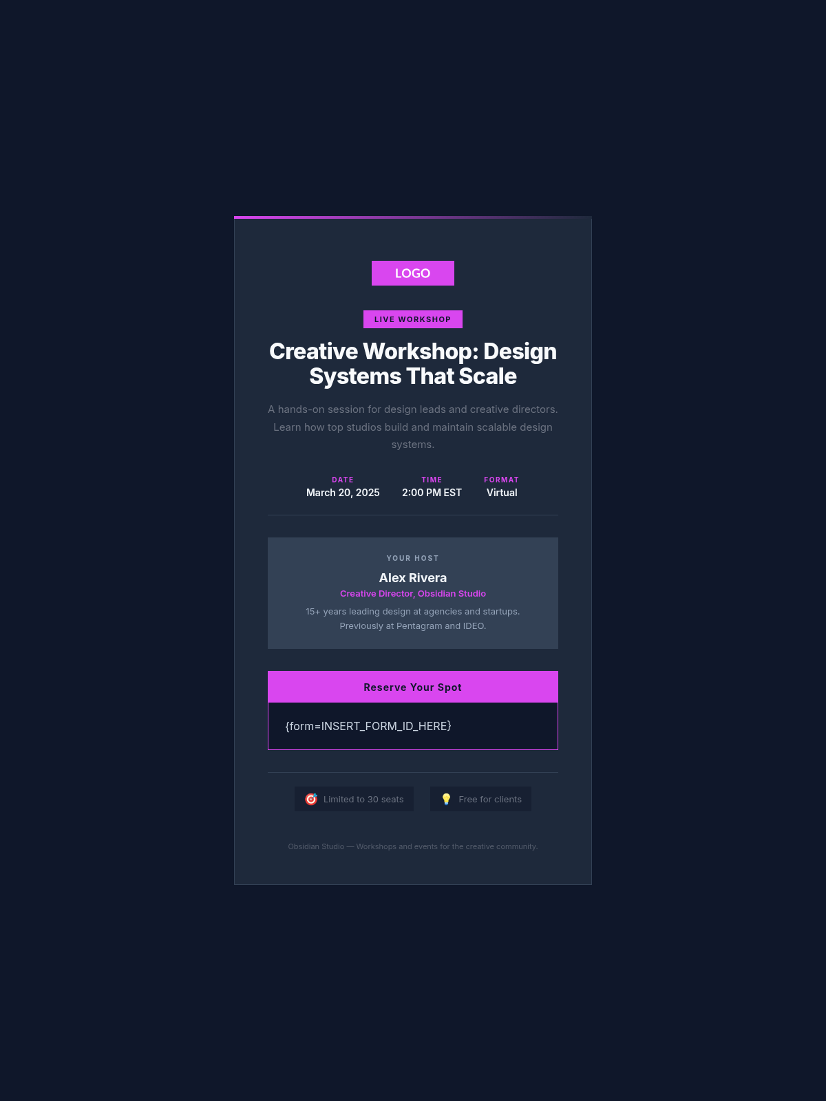 Obsidian Studio Event Page - Email Template Preview