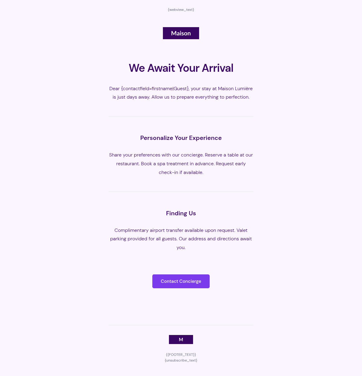 Maison Lumière Pre Arrival - Email Template