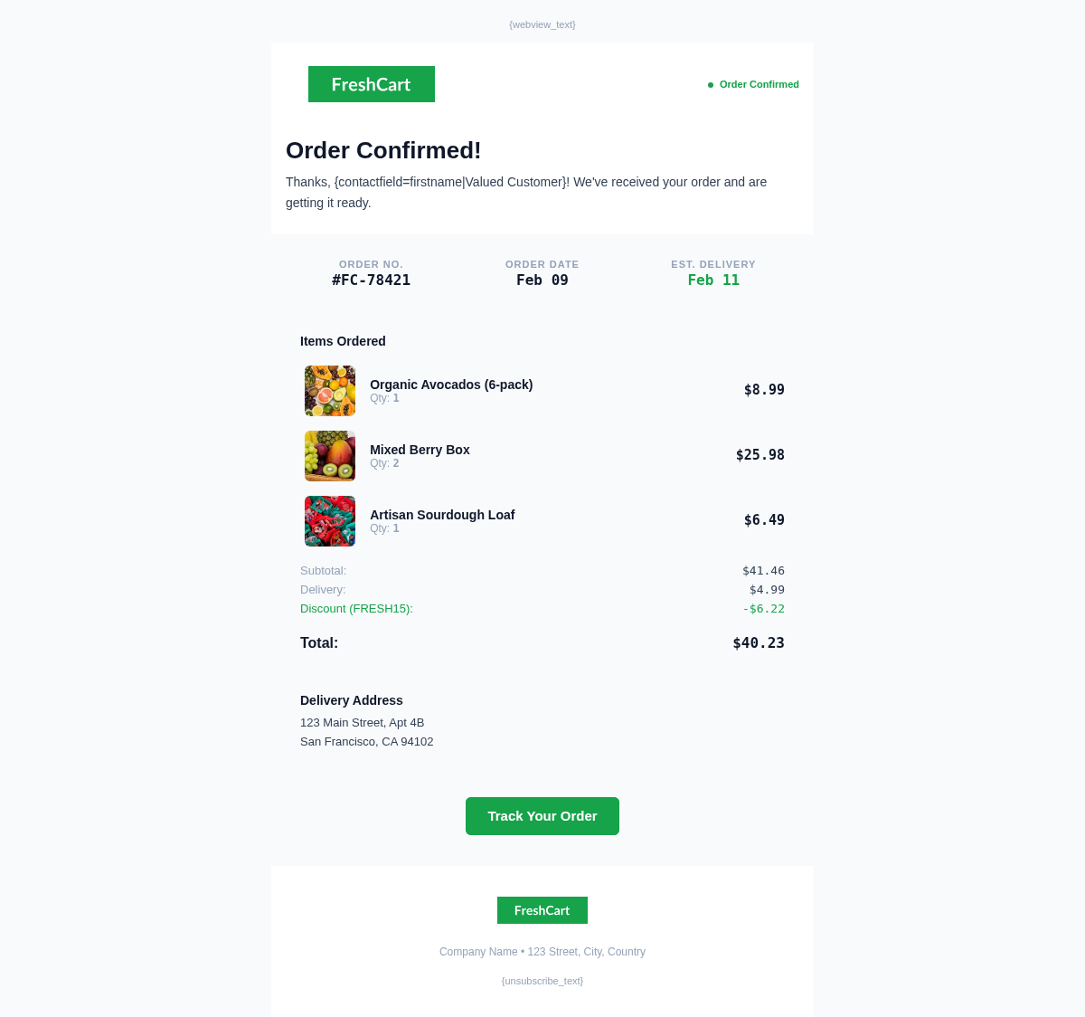 FreshCart Order Confirmation - Email Template