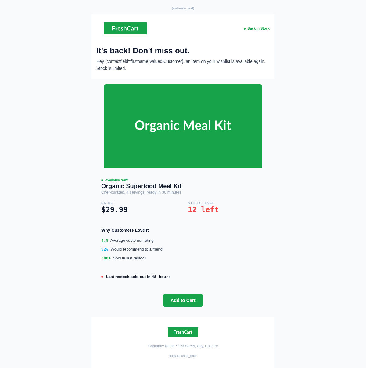 FreshCart Back in Stock - Email Template Preview