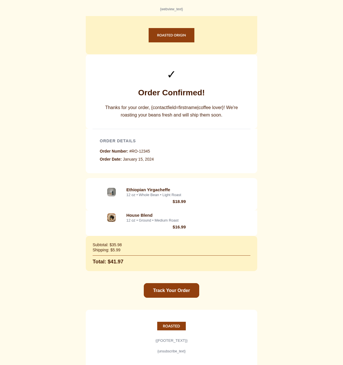 Roasted Origin Order Confirmation - Email Template