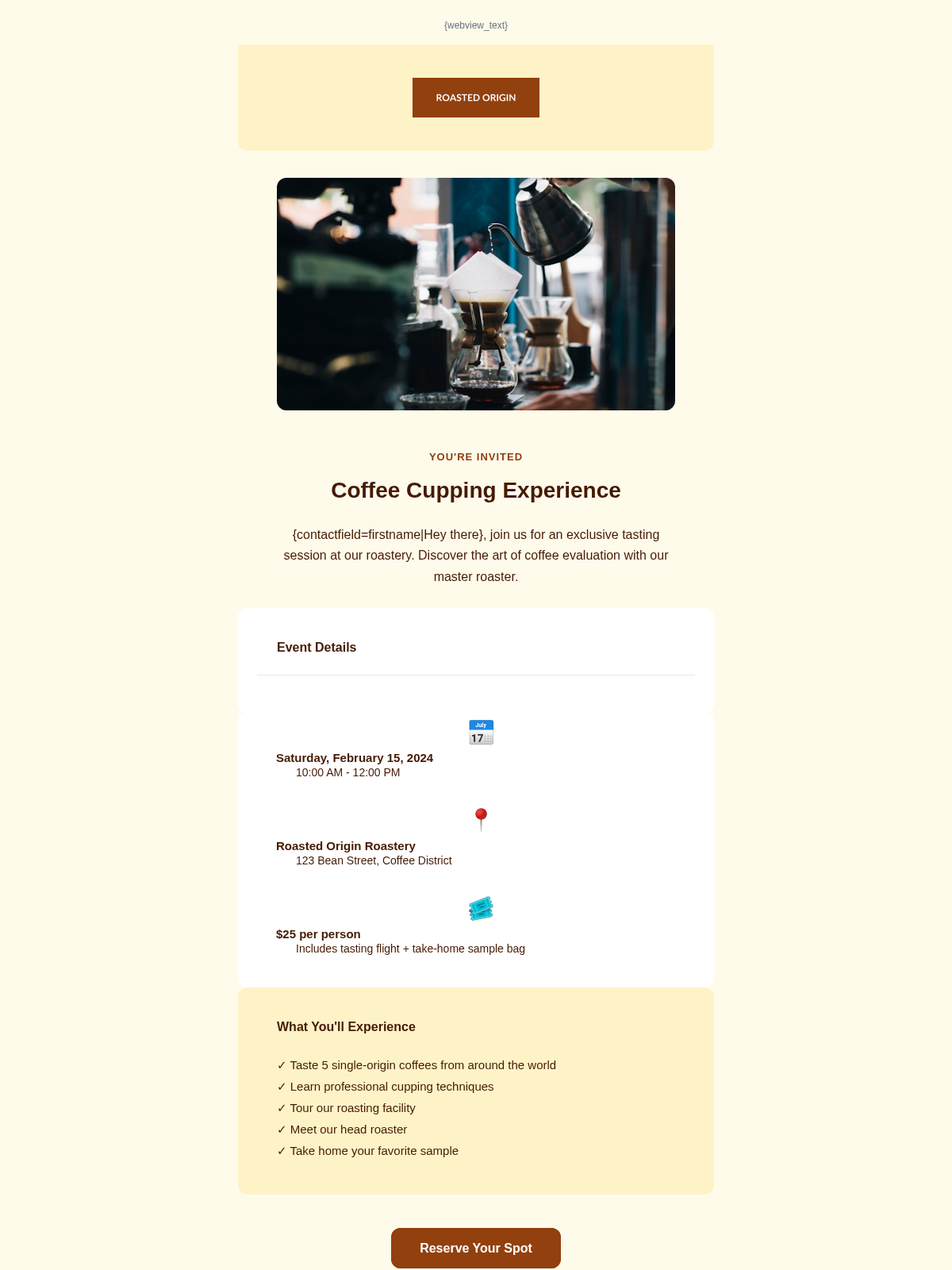 Roasted Origin Event - Email Template Preview