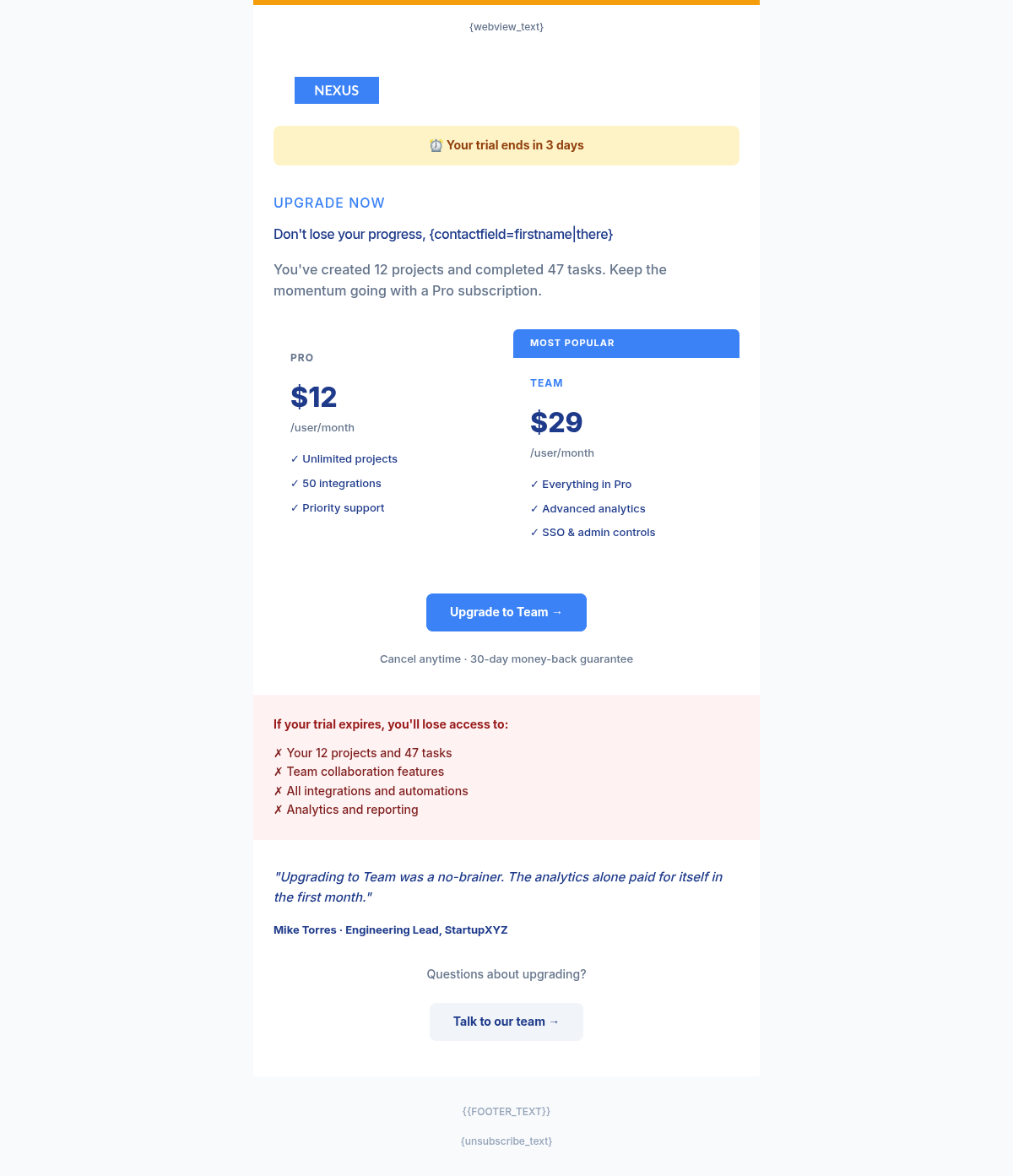 Nexus Pro Upgrade - Email Template