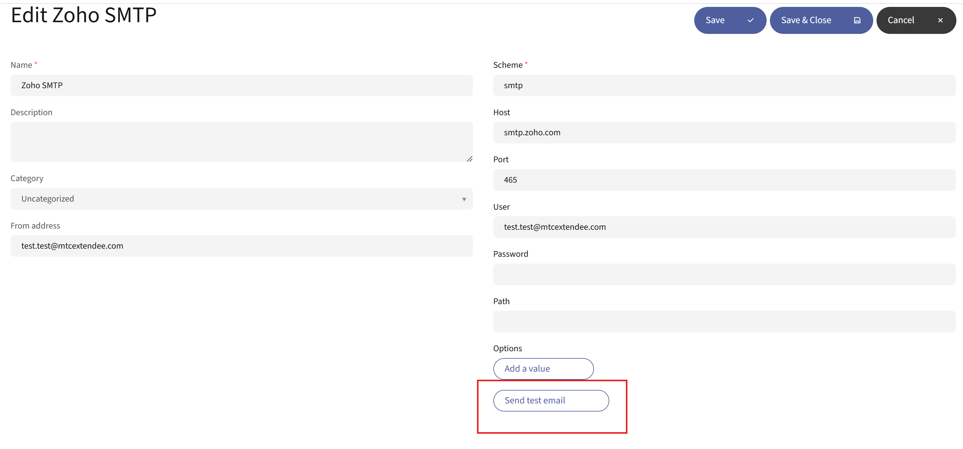 Mautic transport edit screen showing the Send test email button